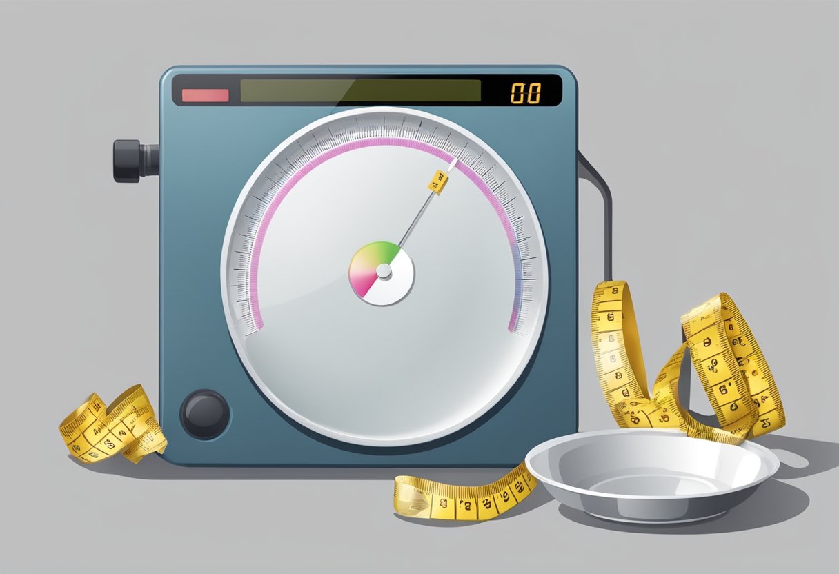 A scale with a decreasing number display, a tape measure, and a plate with a single meal portion