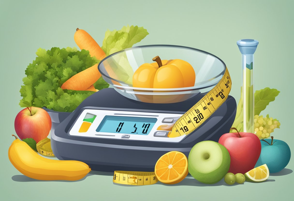 A scale with a decreasing number display, a tape measure, and healthy food items, surrounded by question marks