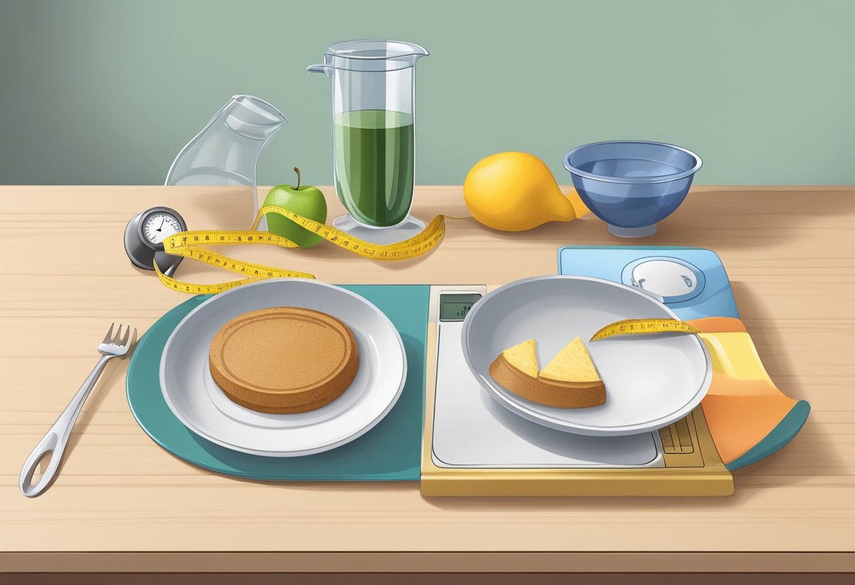 A plate with a balanced meal, a measuring tape, and a scale on a kitchen counter