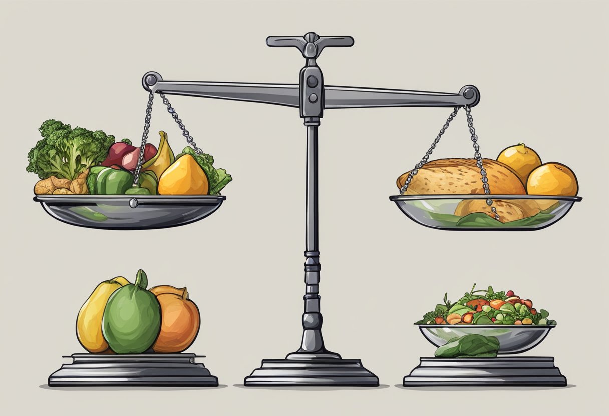 A scale with two sides, one labeled "OMAD" and the other "Regular Meals," with weight dropping off the OMAD side