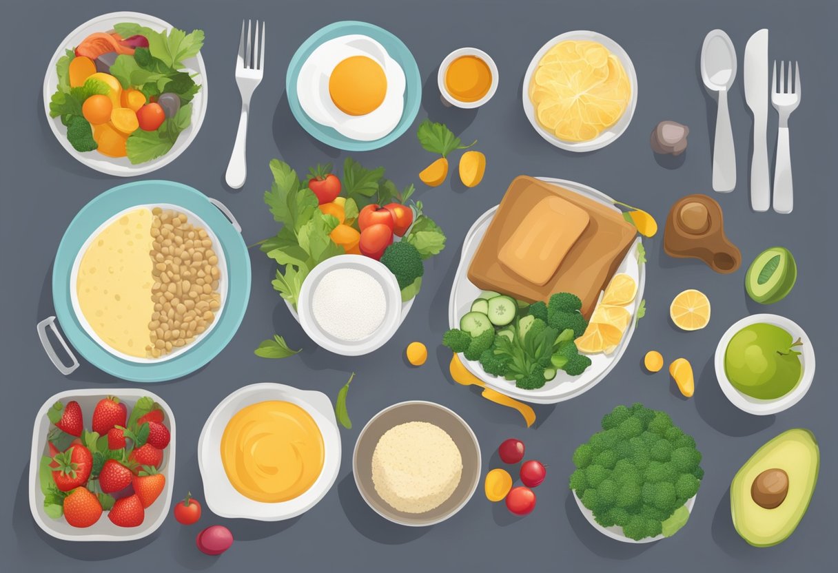 A table set with a balanced meal, measuring tools, and a scale. The meal consists of a variety of nutrient-dense foods, emphasizing portion control