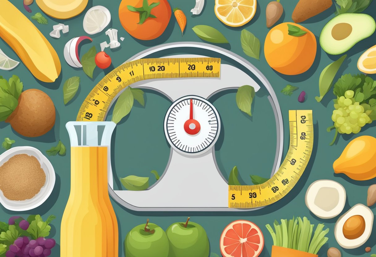 A scale surrounded by healthy food options and a measuring tape