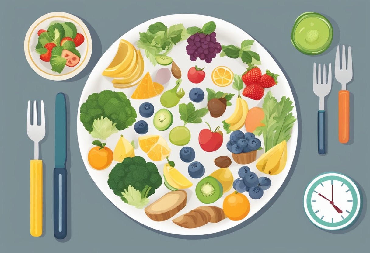 A plate with a variety of healthy foods, a scale showing weight loss, and a person feeling energetic and happy