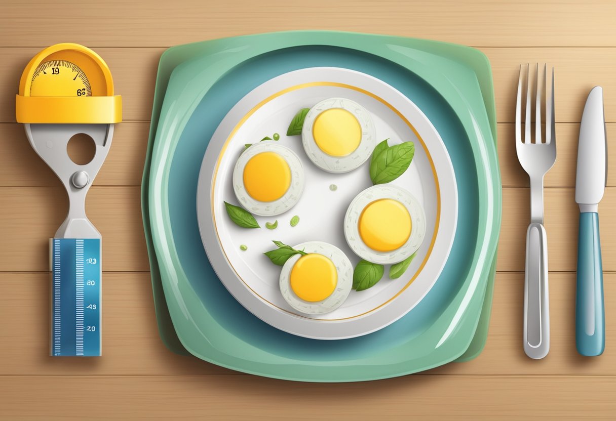 A plate with a single meal surrounded by a tape measure and weight scale