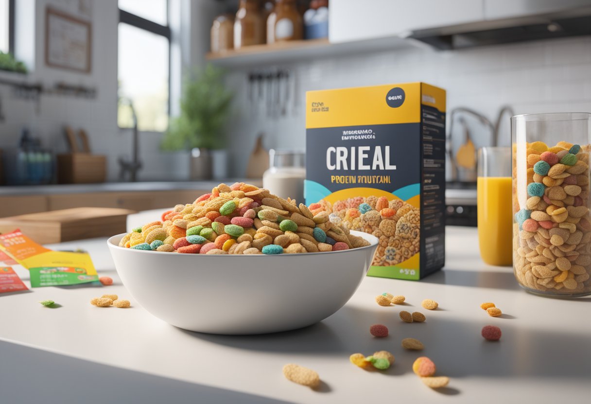 A bowl of high-protein cereal sits on a kitchen counter, surrounded by various cereal boxes with colorful labels. A dietitian's hand reaches for one box, inspecting the nutrition label closely