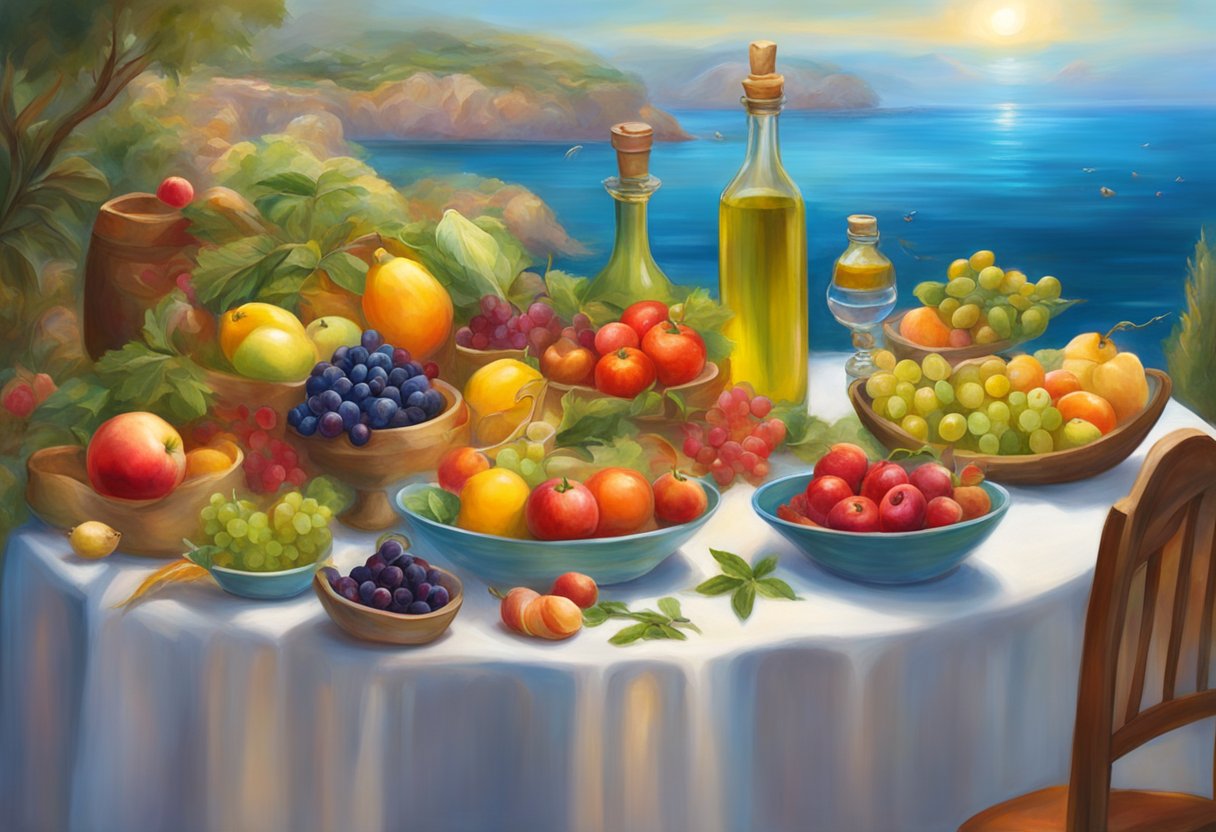 A table set with colorful fruits, vegetables, olive oil, and fish. A serene coastal backdrop with a warm sun and gentle breeze