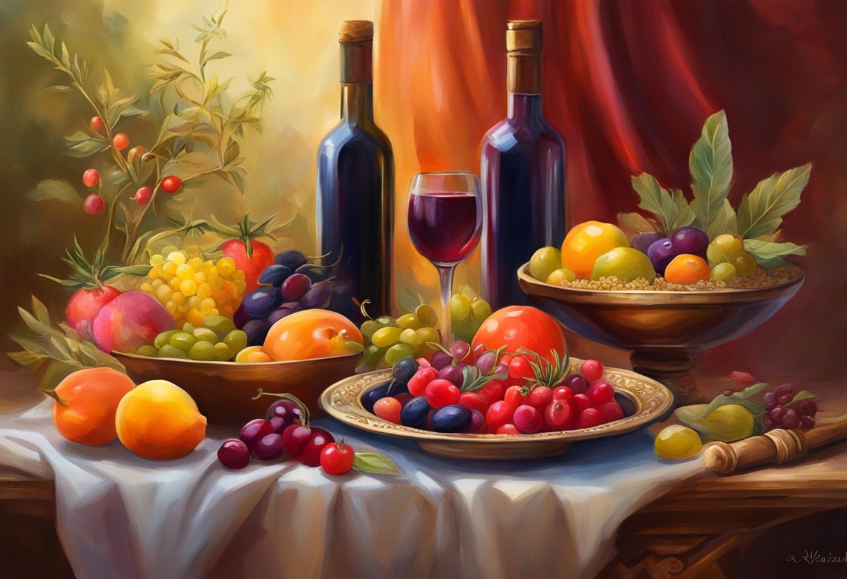 A table set with colorful fruits, vegetables, olive oil, and whole grains. A bottle of red wine and a bowl of olives sit nearby