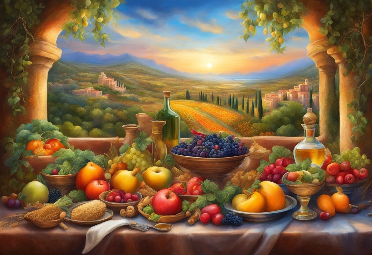 A table set with colorful fruits, vegetables, and whole grains, surrounded by olive oil, herbs, and spices. A serene Mediterranean landscape in the background