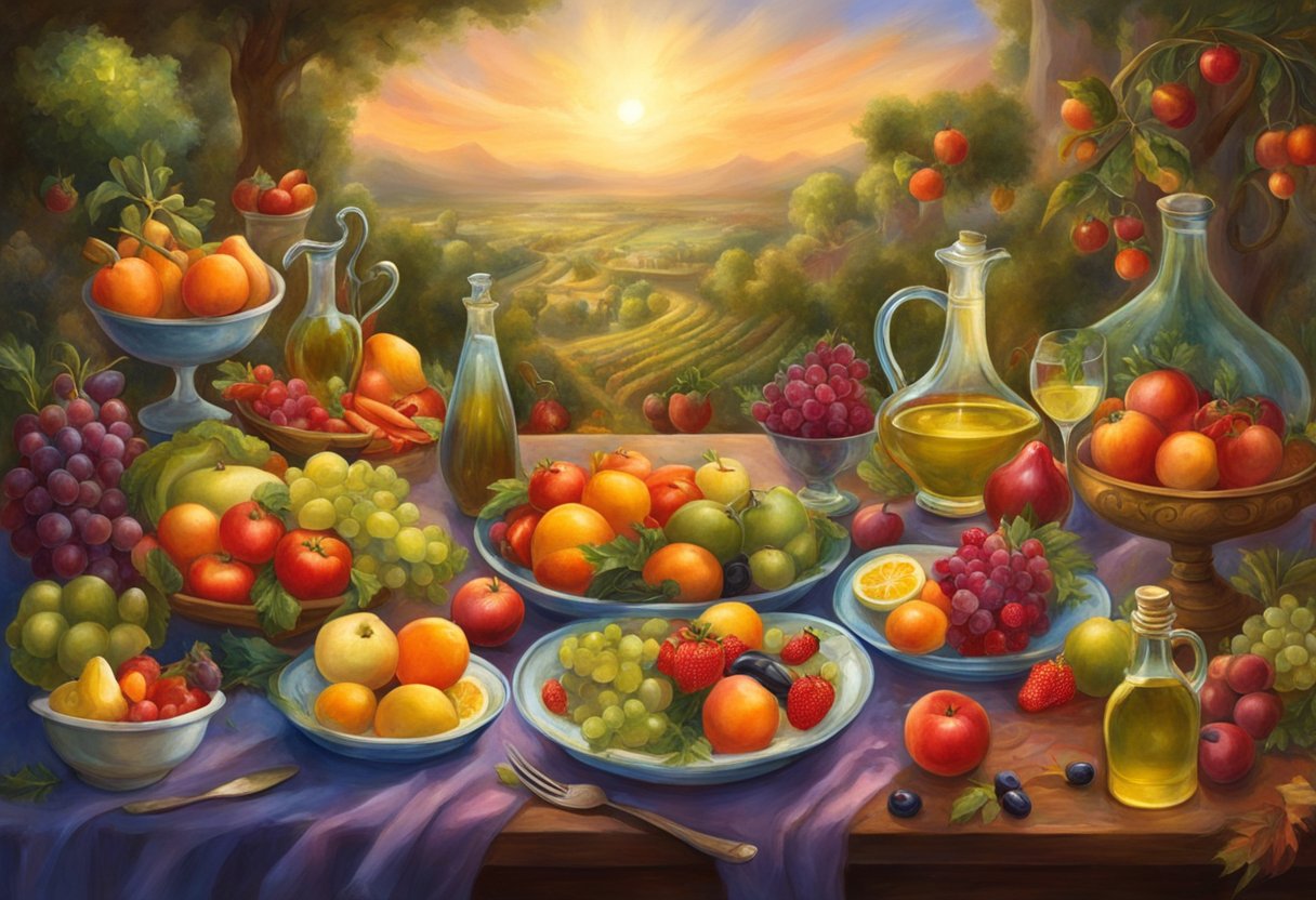 A table set with colorful fruits, vegetables, and olive oil. Surrounding it, people gather to share a meal, laughing and conversing