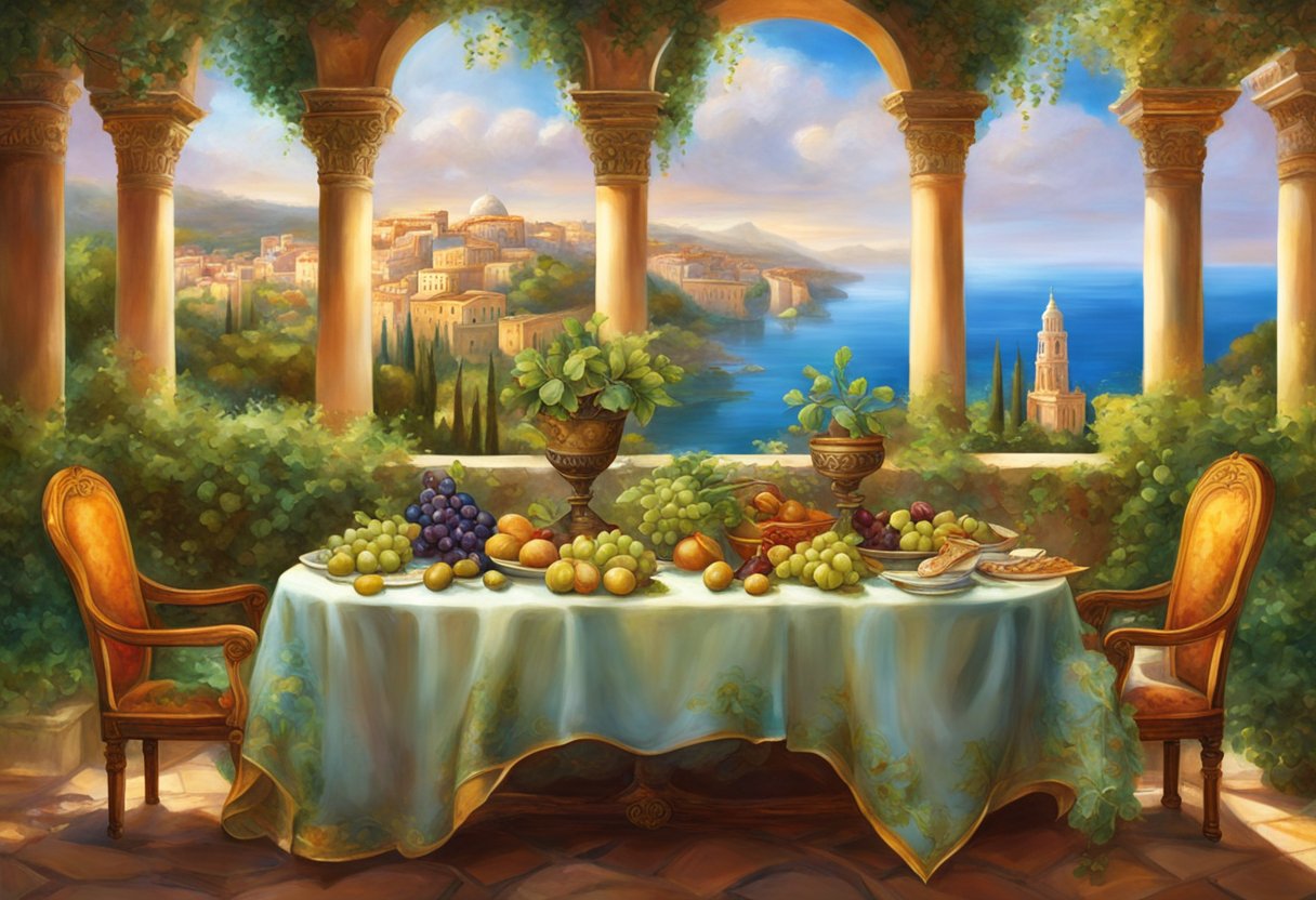 A table set with olives, figs, grapes, and fish, surrounded by ancient Mediterranean architecture and lush greenery