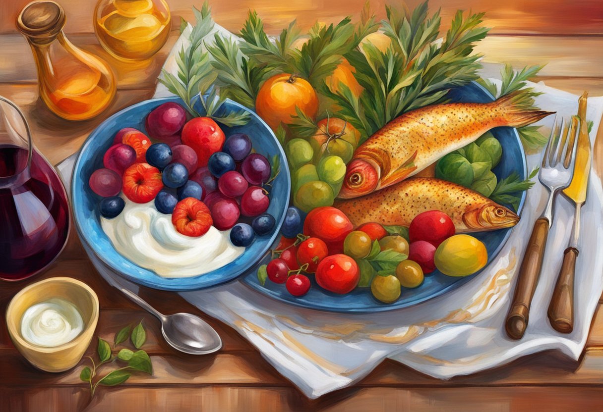 A table set with colorful fruits, vegetables, olive oil, and whole grains. A bowl of Greek yogurt and a plate of grilled fish. A glass of red wine and a bottle of olive oil