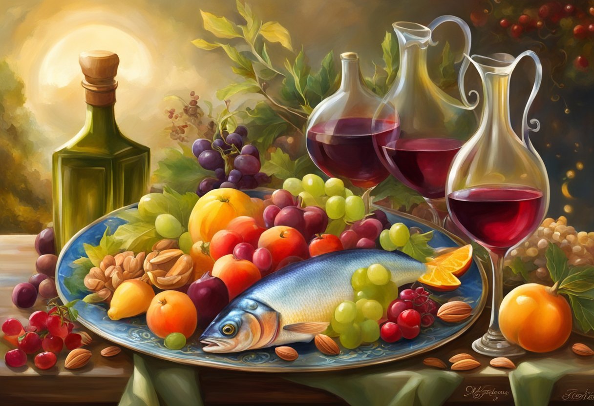 A table set with colorful fruits, vegetables, olive oil, nuts, and whole grains. A glass of red wine and a plate of fish complete the scene