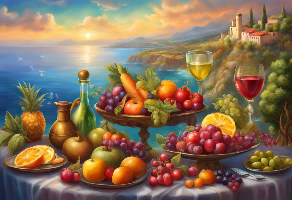 A table set with colorful fruits, vegetables, olive oil, and fish, surrounded by a scenic coastal view