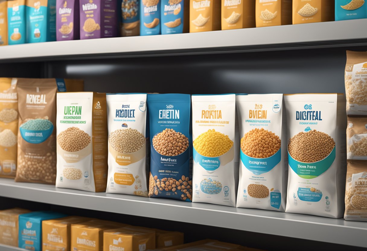 A variety of high protein cereals lined up on a shelf, with labels indicating dietitian recommendations