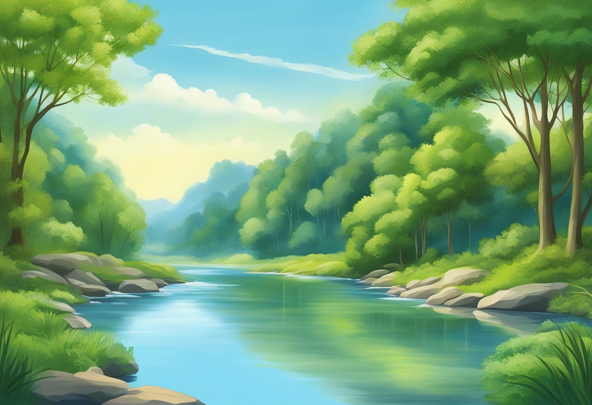 A serene landscape with a clear blue sky, lush greenery, and a flowing river, symbolizing the implementation of primordial prevention in preventive medicine
