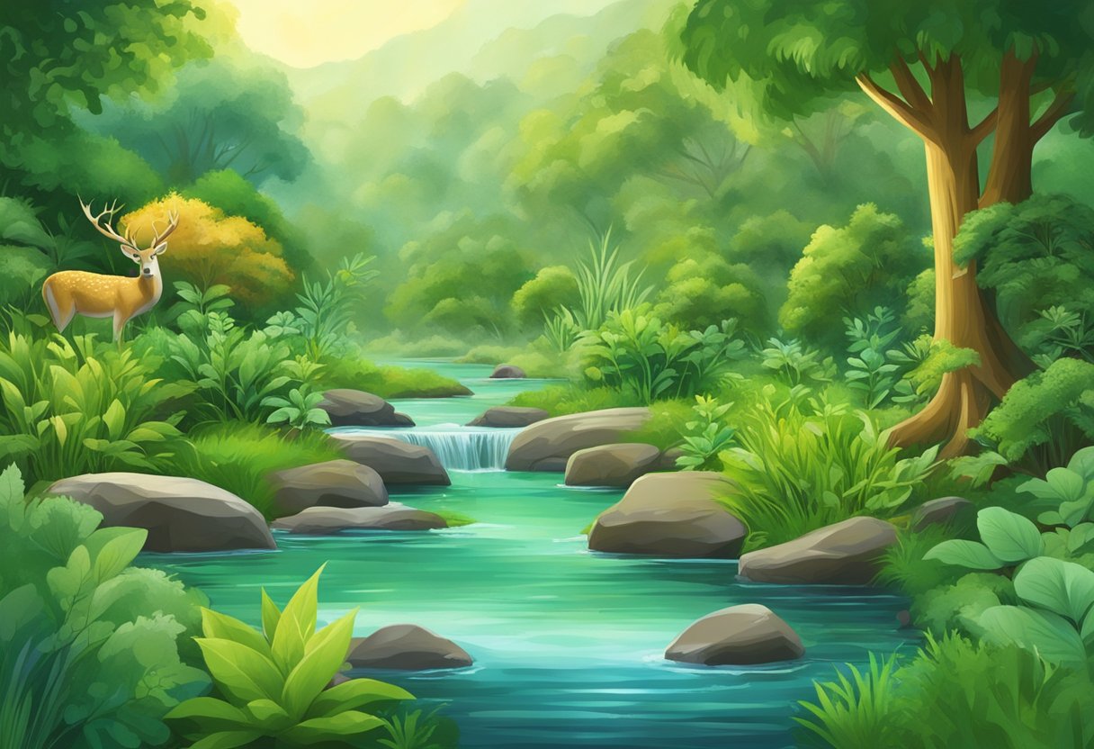 A lush, green landscape with clear, flowing water, surrounded by diverse plant life and animals, representing primordial prevention in preventive medicine