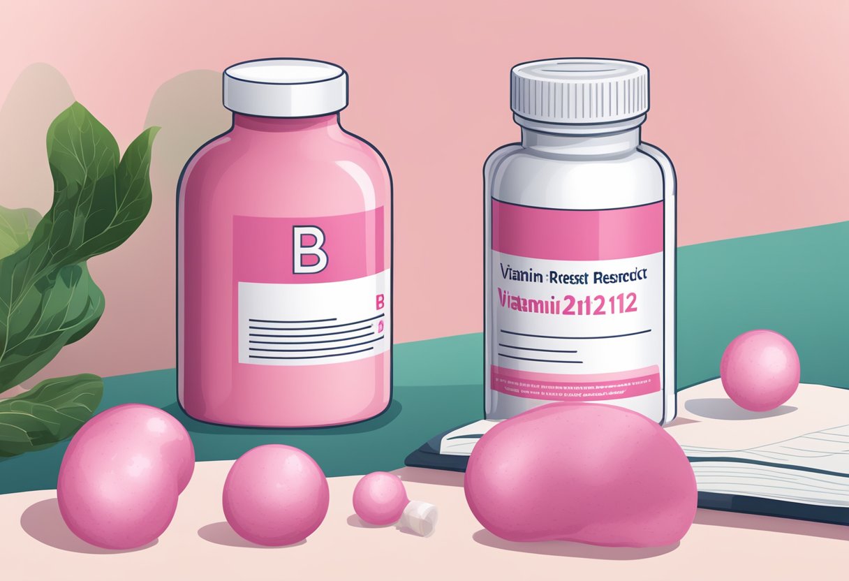 A bottle of vitamin B12 next to a breast cancer research report on a desk
