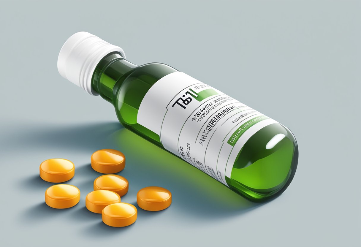 A vial of vitamin B12 and a bottle of TNBC treatment pills on a clean, white surface