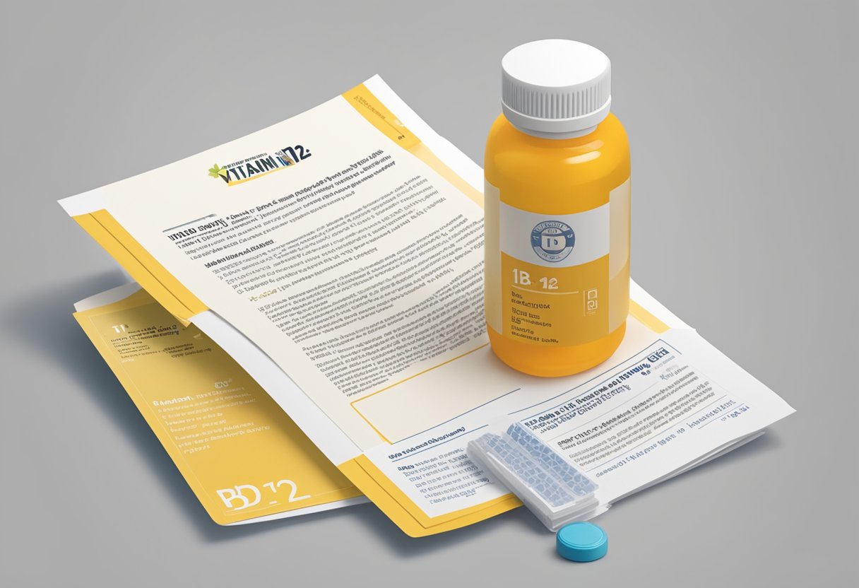 A bottle of vitamin B12 next to a pamphlet on TNBC, with a list of FAQs displayed prominently