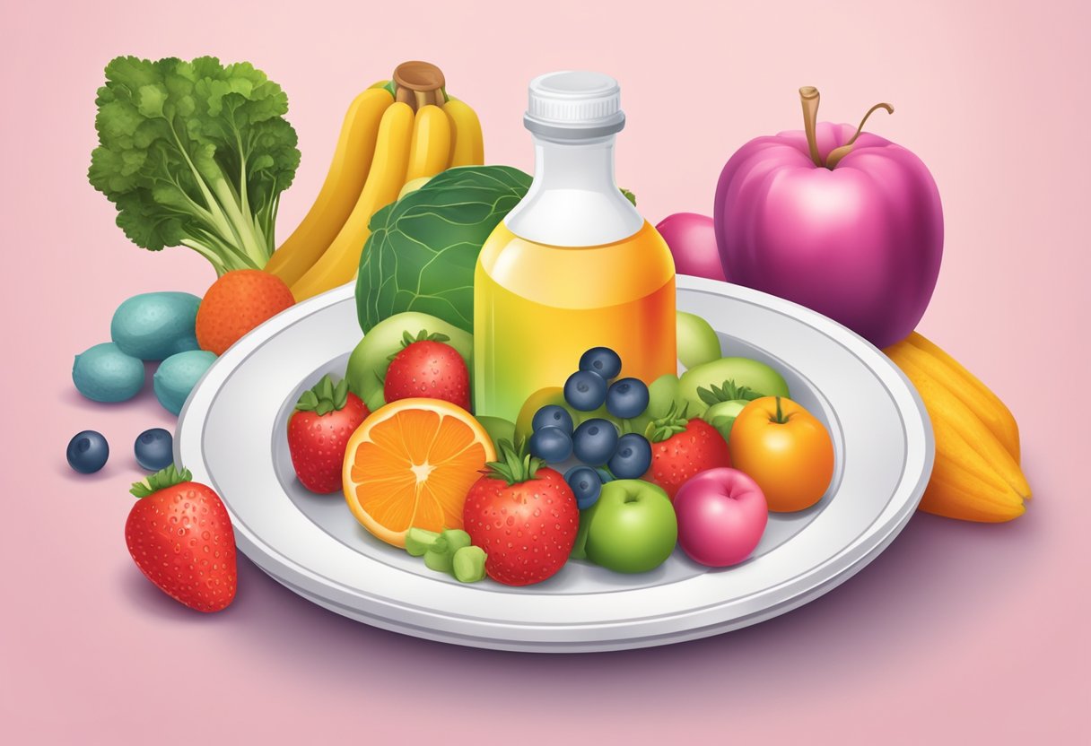 A bottle of vitamin B12 next to a plate of colorful fruits and vegetables, with a breast cancer awareness ribbon in the background