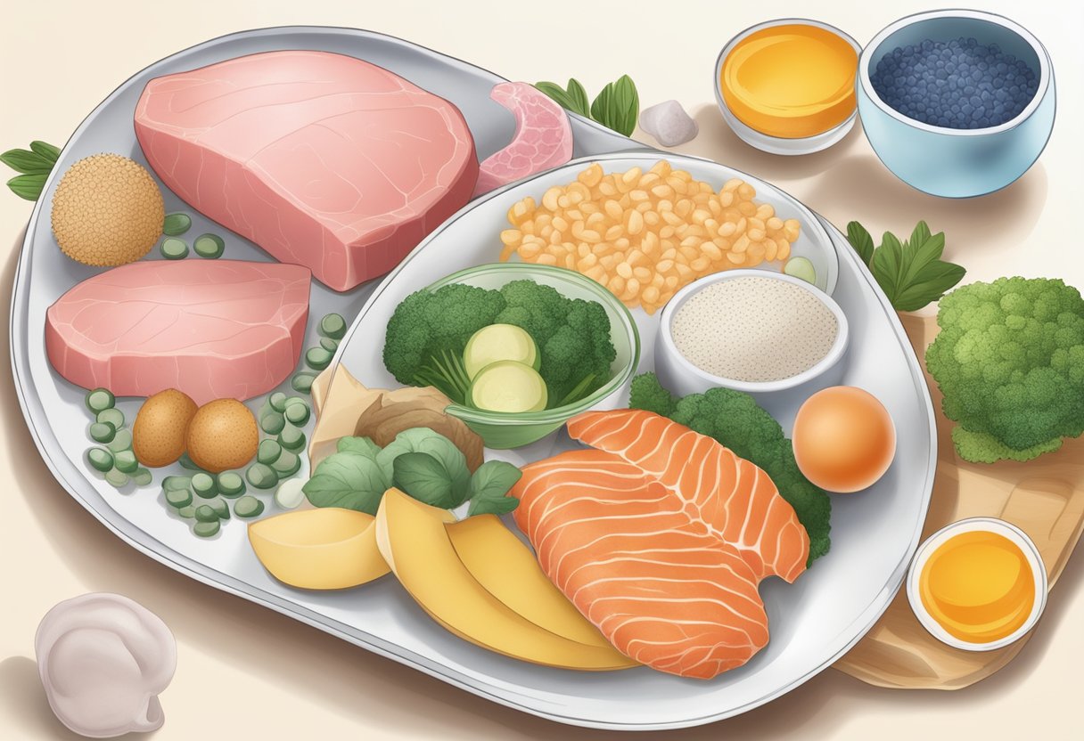 A plate with various foods rich in vitamin B12. A breast cancer cell (TNBC) in the background