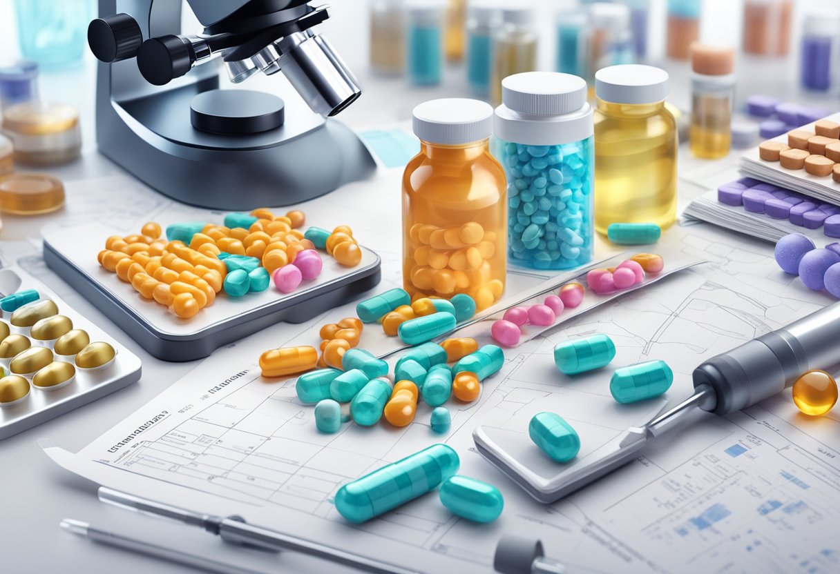 A laboratory table with vitamin B12 supplements and TNBC cells under a microscope, surrounded by scientific equipment and research papers