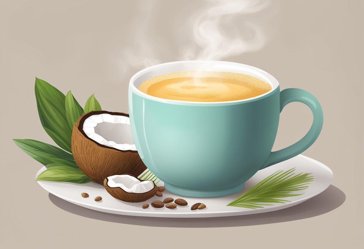 A steaming cup of keto-friendly warm beverage with additives, surrounded by ingredients like coconut oil, MCT oil, and collagen powder