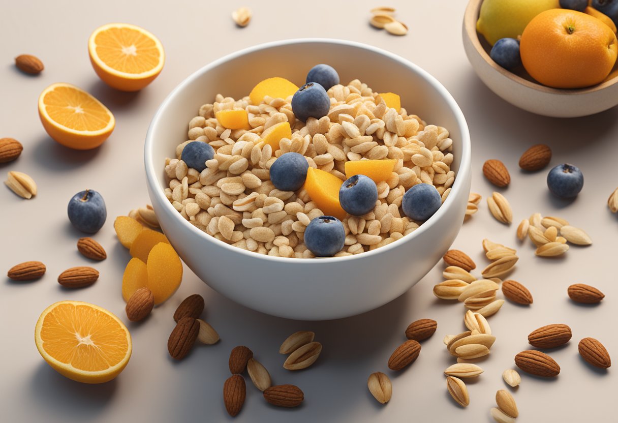 A bowl of high protein cereals surrounded by fresh fruits and nuts, with a label indicating sustainable and ethical sourcing