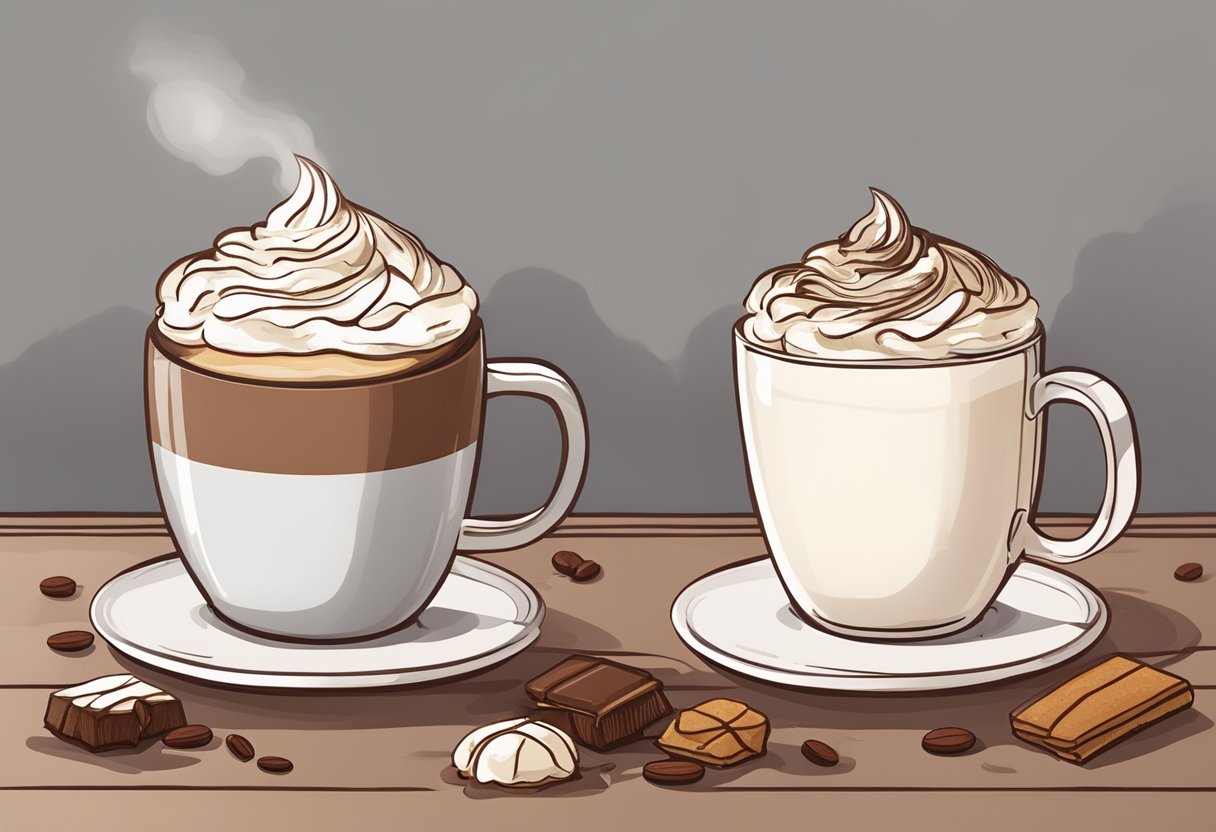 A steaming cup of keto-friendly coffee with whipped cream and a sprinkle of cinnamon, alongside a mug of rich, buttery keto hot chocolate
