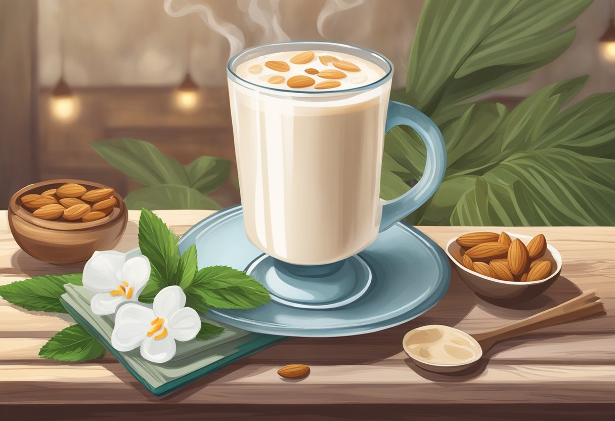A steaming cup of keto-friendly warm beverage sits on a rustic table, surrounded by fresh ingredients like coconut milk, almond milk, and stevia. A cozy atmosphere with a book and a warm blanket completes the scene