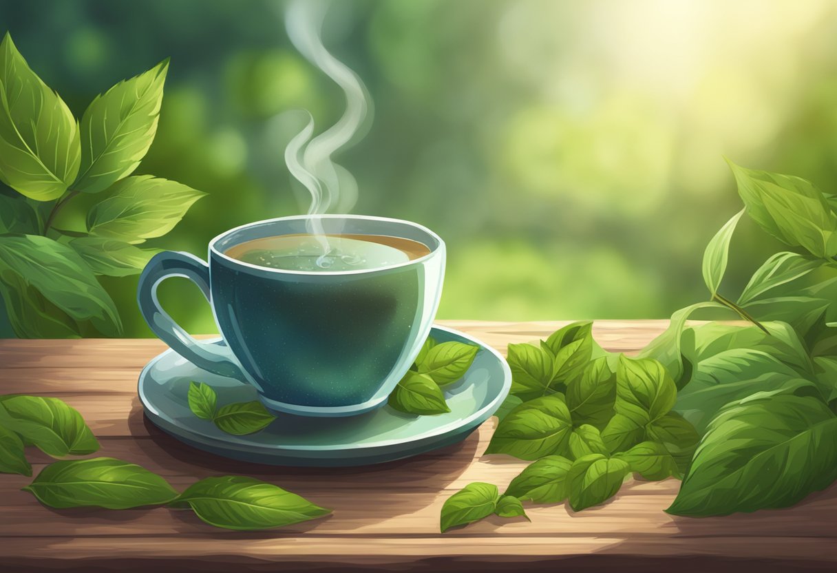 A steaming cup of keto-friendly herbal tea sits on a rustic wooden table, surrounded by vibrant green leaves and a cozy blanket