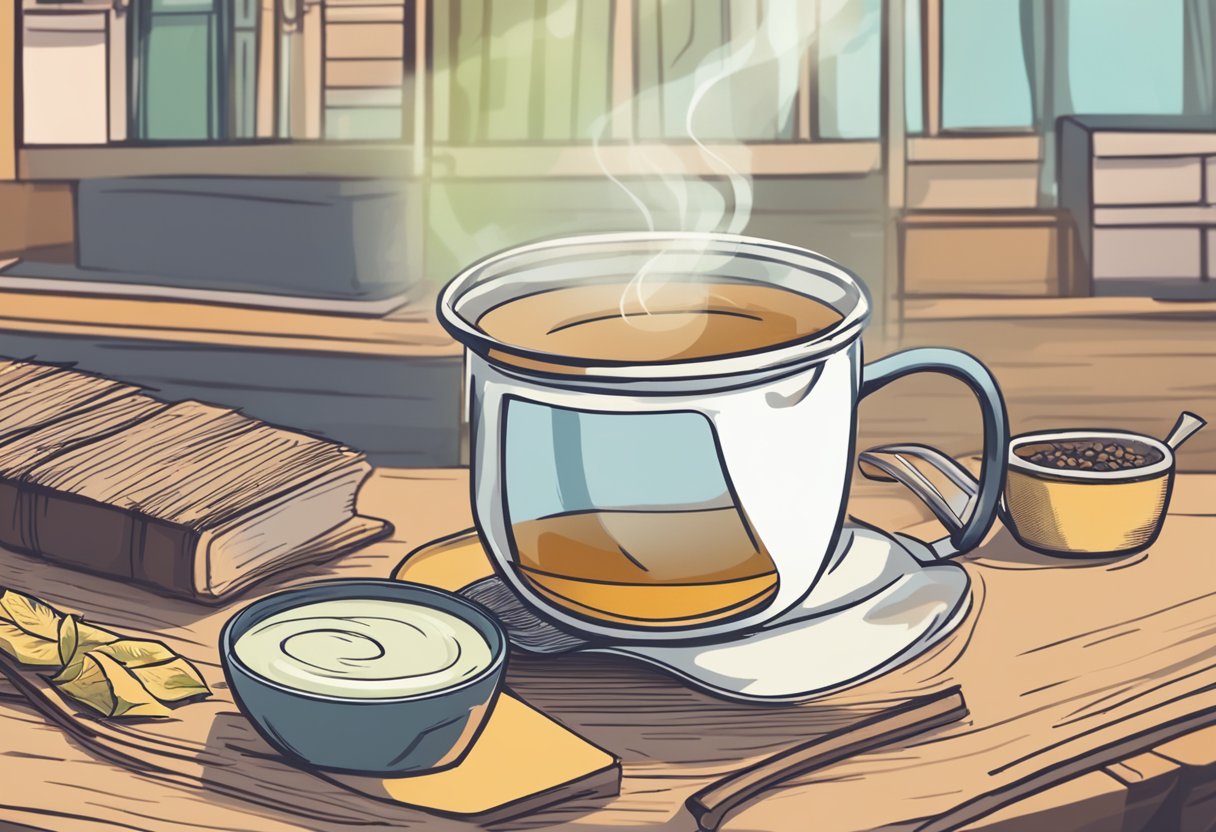 A steaming mug of keto-friendly tea sits on a table, surrounded by a cozy atmosphere and a stack of informative FAQs