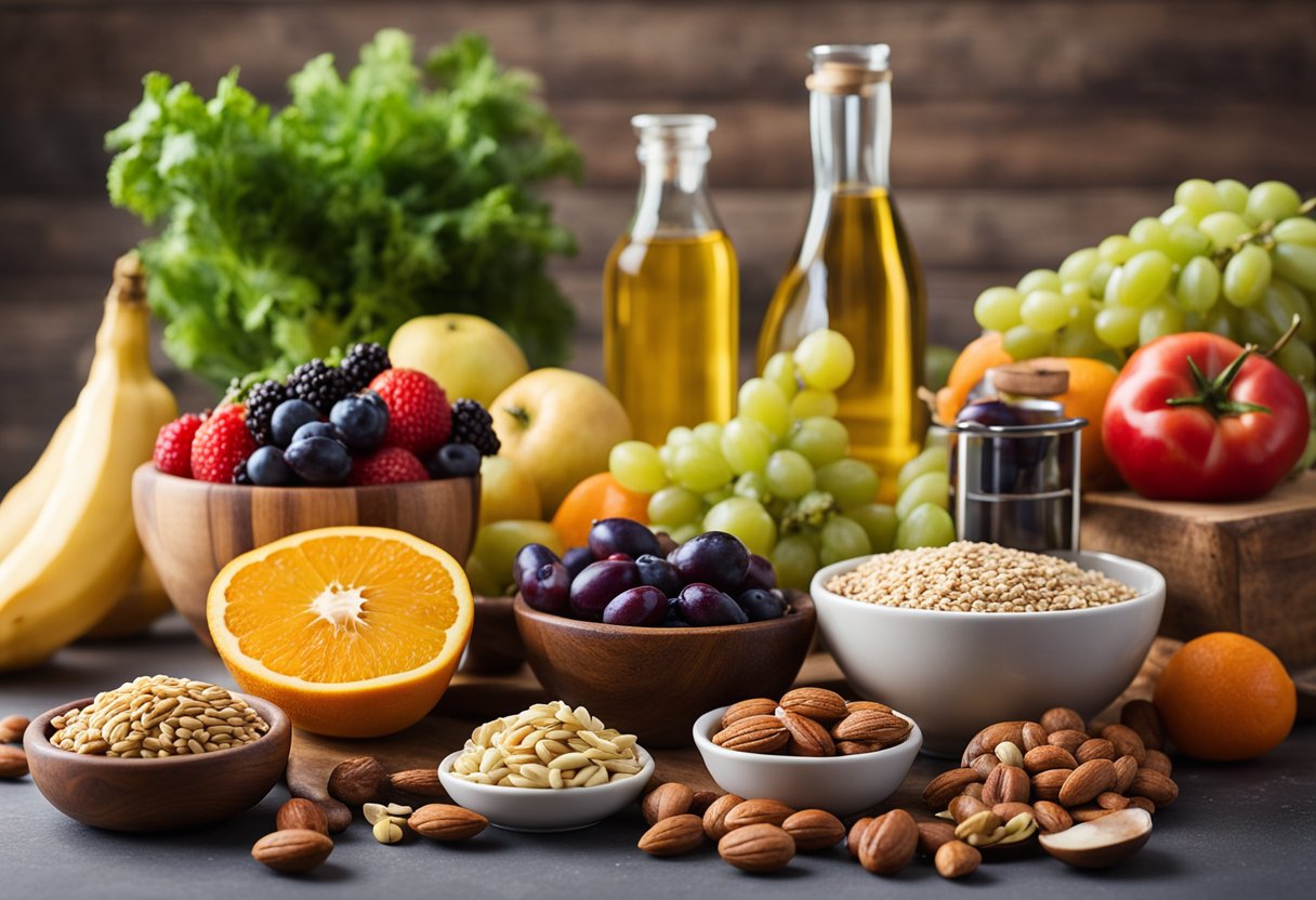 A colorful array of fruits, vegetables, whole grains, and lean proteins arranged on a table, with a measuring cup of nuts and a bottle of olive oil nearby