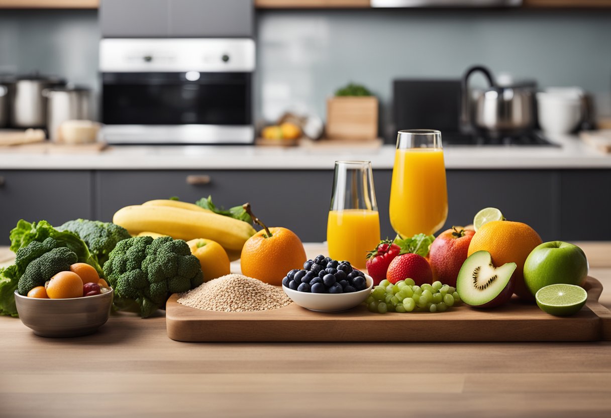 A table with colorful fruits, vegetables, whole grains, and lean proteins laid out for meal planning