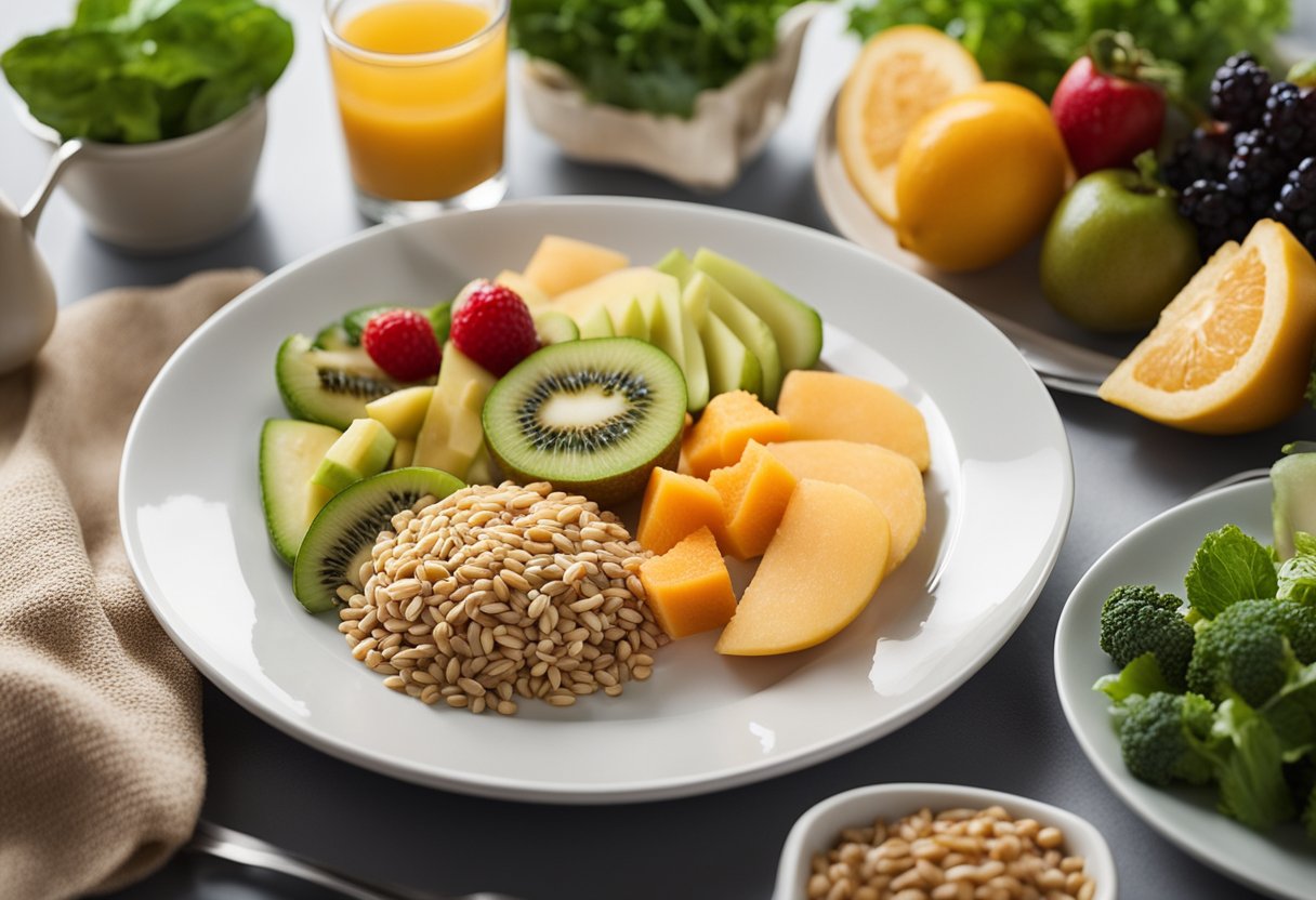 A plate with balanced portions of fruits, vegetables, whole grains, lean proteins, and dairy, following DASH diet guidelines