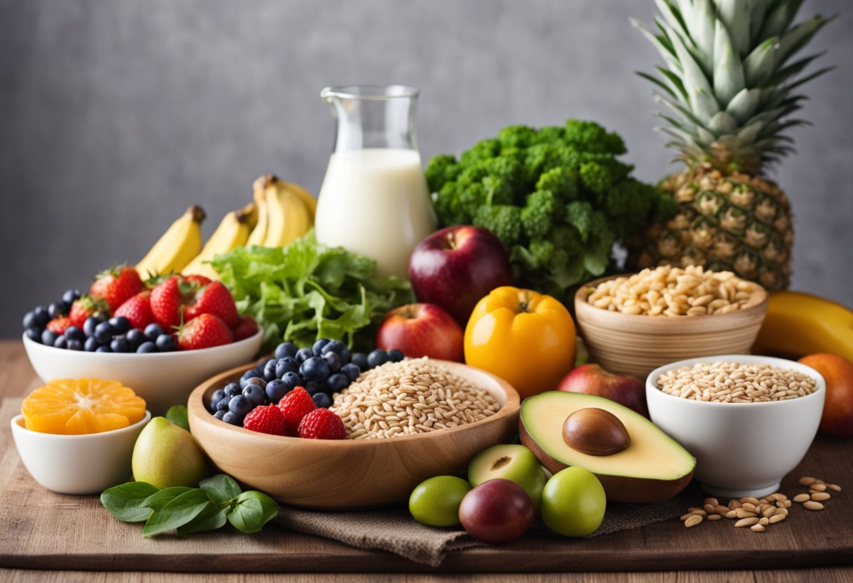 A table with a variety of healthy foods: fruits, vegetables, whole grains, lean proteins, and low-fat dairy. A list of FAQs about the DASH diet displayed prominently