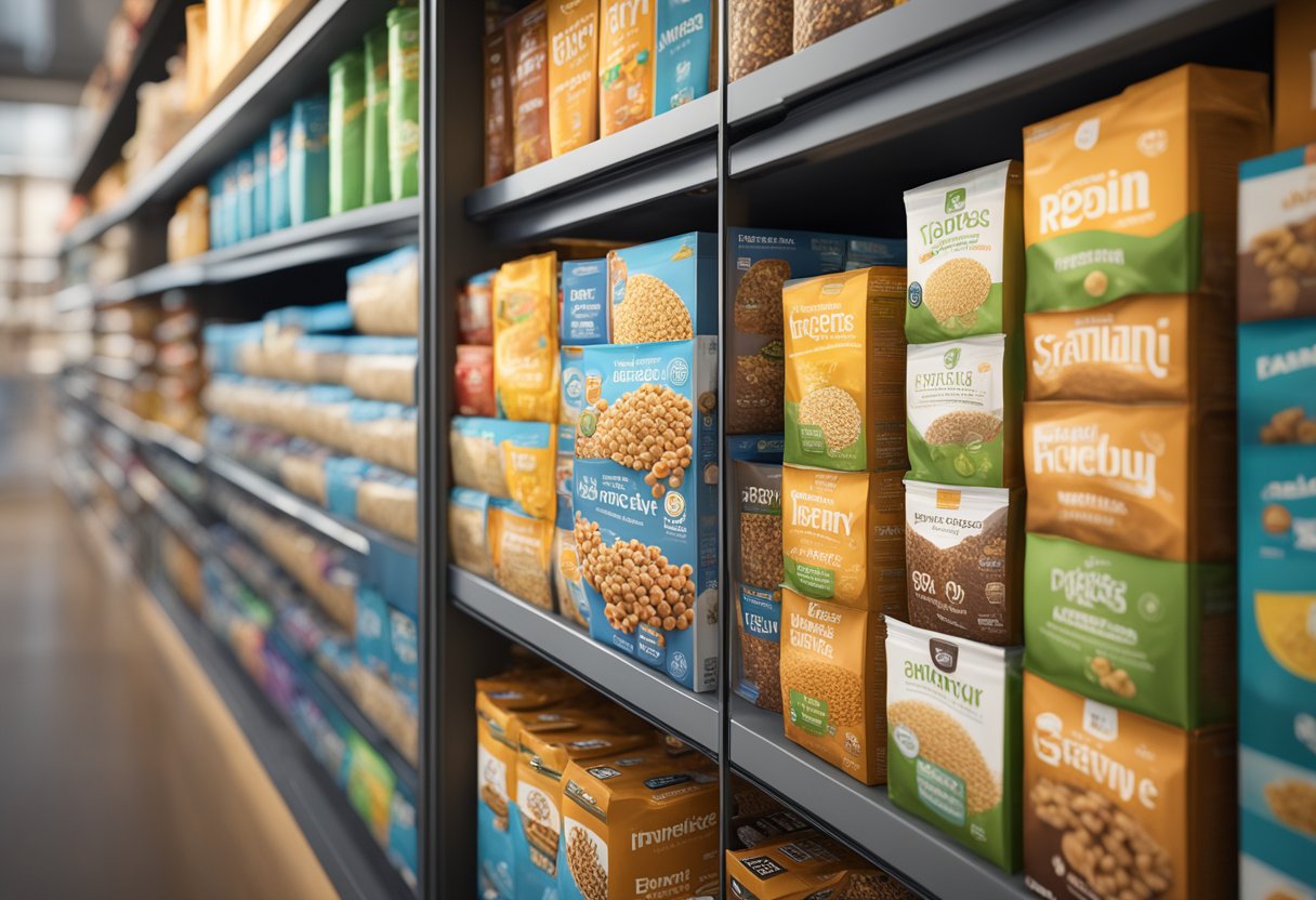 A variety of high protein cereals displayed on a shelf with labels indicating specific dietary needs