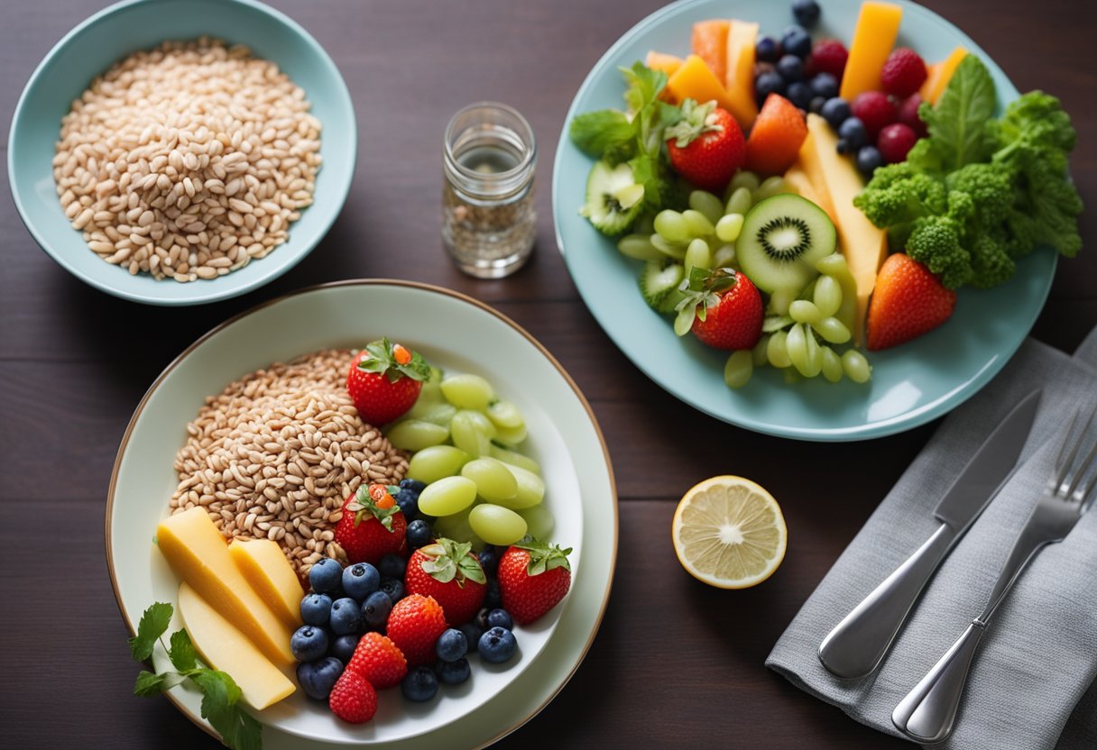 A colorful plate with fruits, vegetables, whole grains, and lean protein. A bottle of water and a measuring cup for portion control