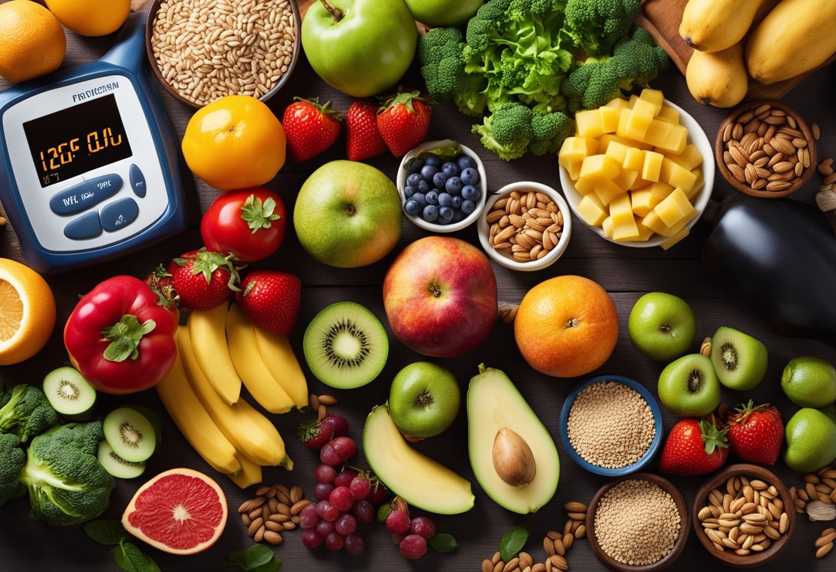 A colorful array of fruits, vegetables, whole grains, and lean proteins arranged on a table, surrounded by a measuring tape and a heart rate monitor, symbolizing the health benefits of the DASH diet