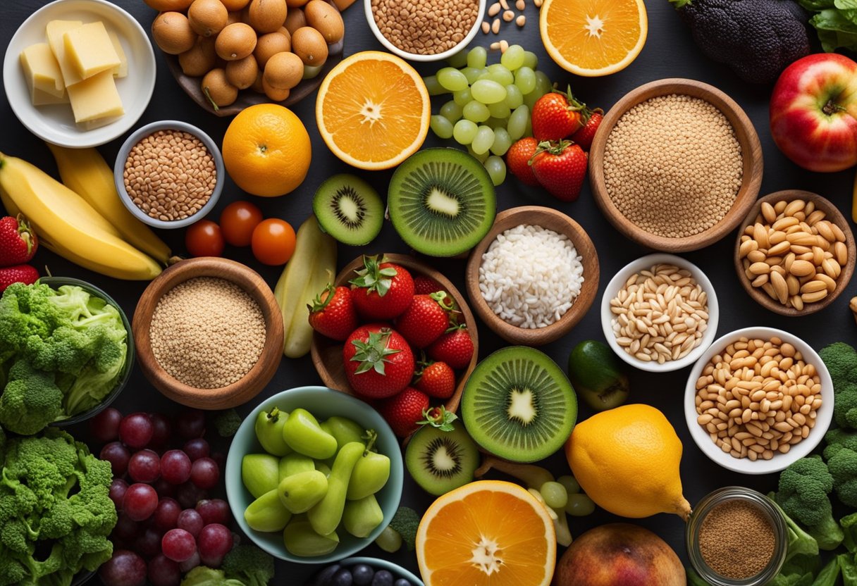 A colorful array of fruits, vegetables, whole grains, and lean proteins arranged on a table, with a focus on low-sodium options for the DASH diet