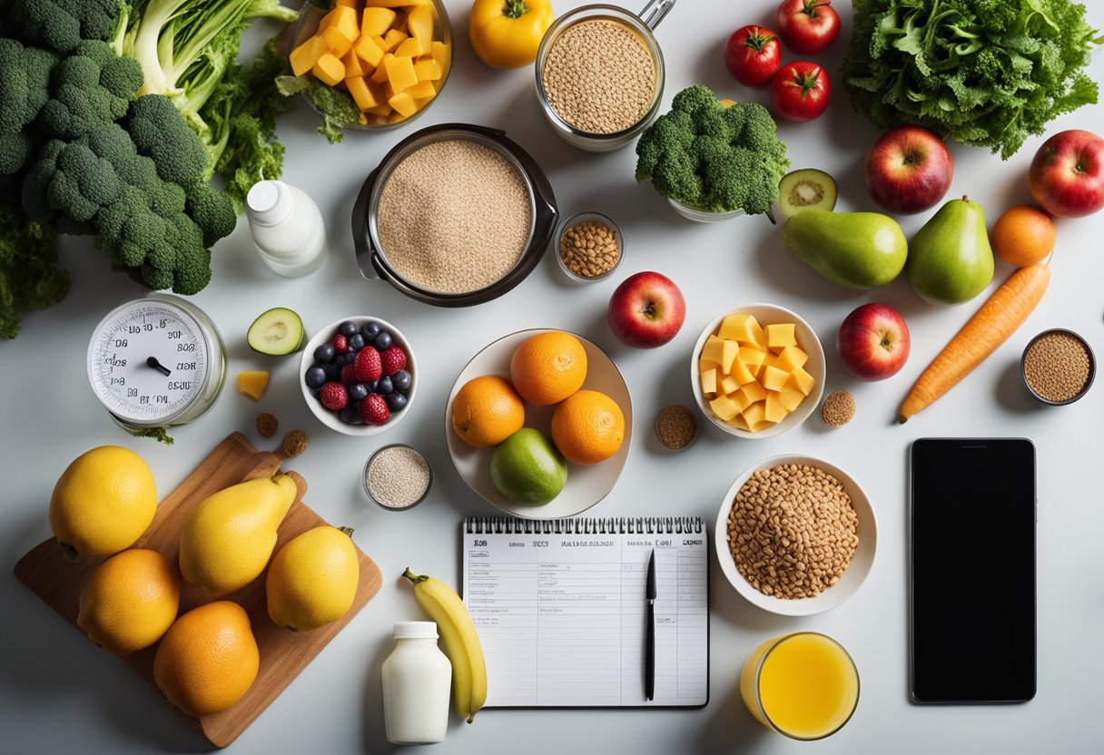 A table with healthy foods (fruits, vegetables, whole grains) and a list of DASH diet guidelines, surrounded by exercise equipment and water bottles