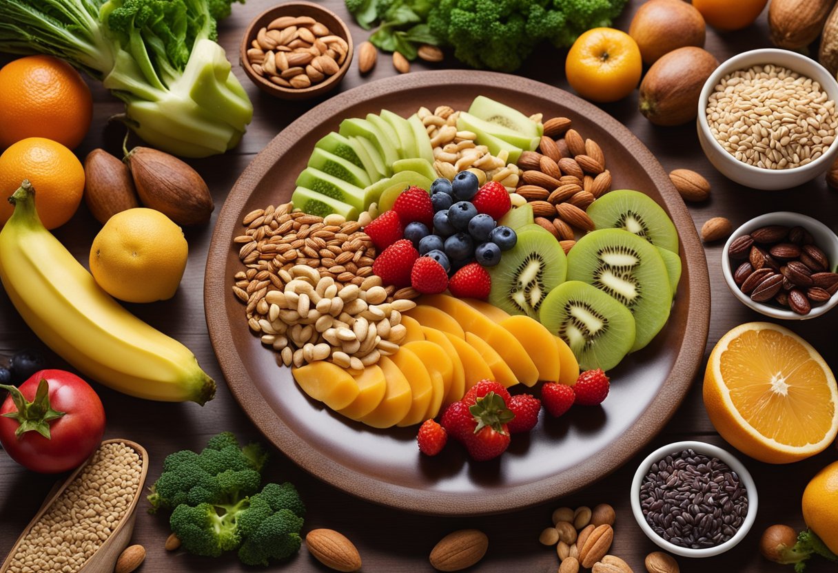A colorful array of fruits, vegetables, whole grains, and lean proteins arranged on a plate, with a measuring cup of nuts and seeds on the side