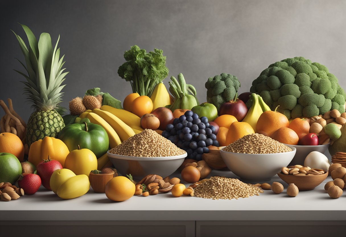 A colorful array of fruits, vegetables, nuts, and whole grains arranged on a table, with a focus on brain-healthy foods