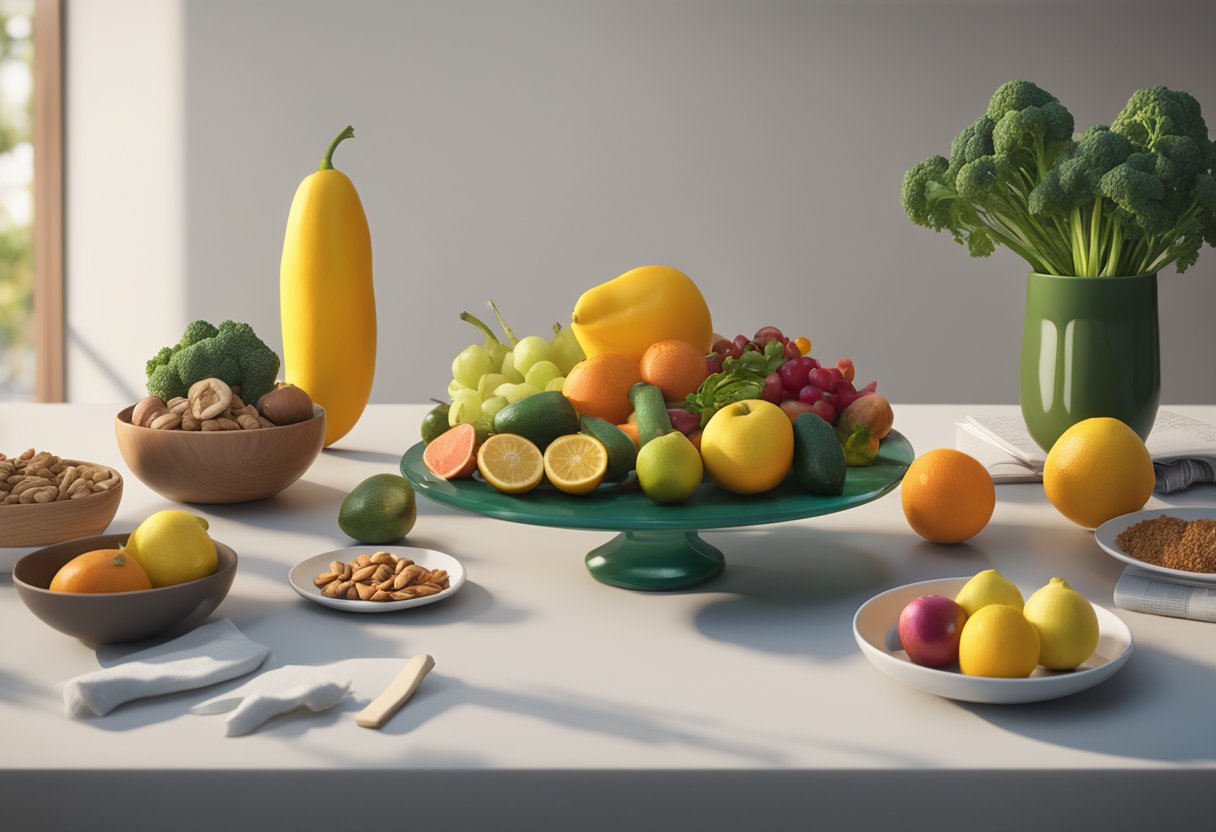A table with colorful fruits, vegetables, nuts, and fish arranged in a balanced manner. A book titled "Frequently Asked Questions MIND diet" is placed next to the food