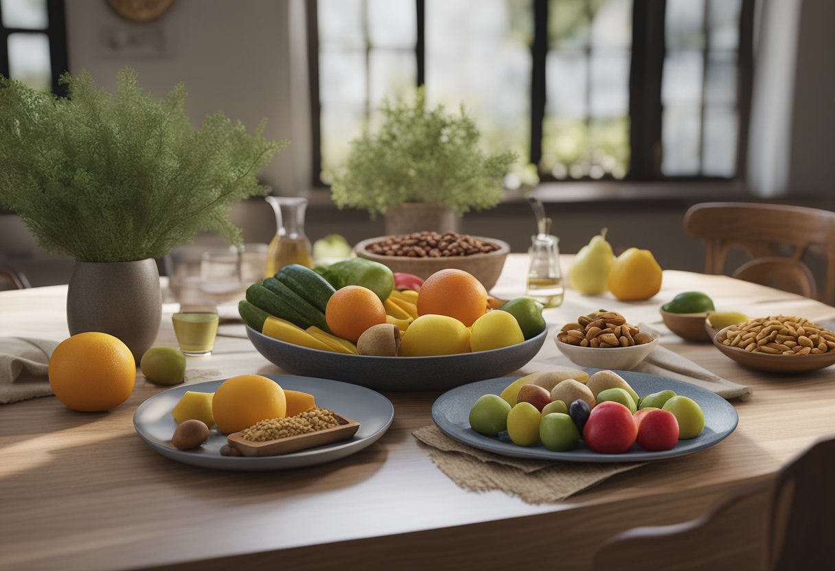 A table set with colorful fruits, vegetables, nuts, and whole grains. A plate with fish and olive oil. A cookbook open to a page on the MIND diet