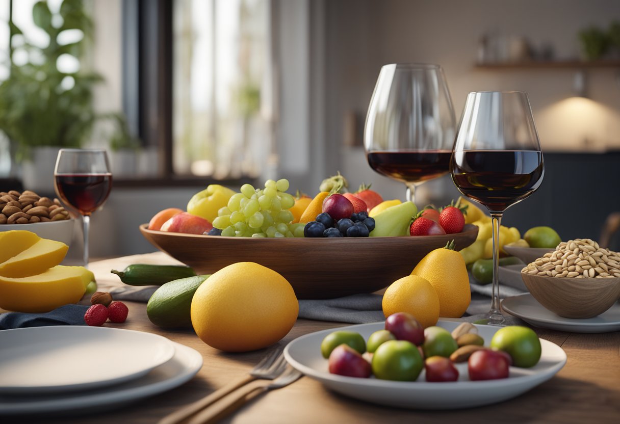 A table with colorful fruits, vegetables, nuts, and fish. A plate with whole grains and olive oil. A glass of red wine