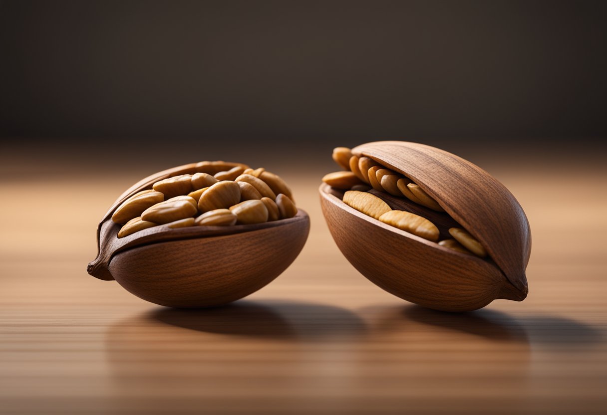 A pecan and a walnut are placed side by side, showcasing their different sizes and shapes. A nutrition label is visible, highlighting the varying nutritional content of each nut