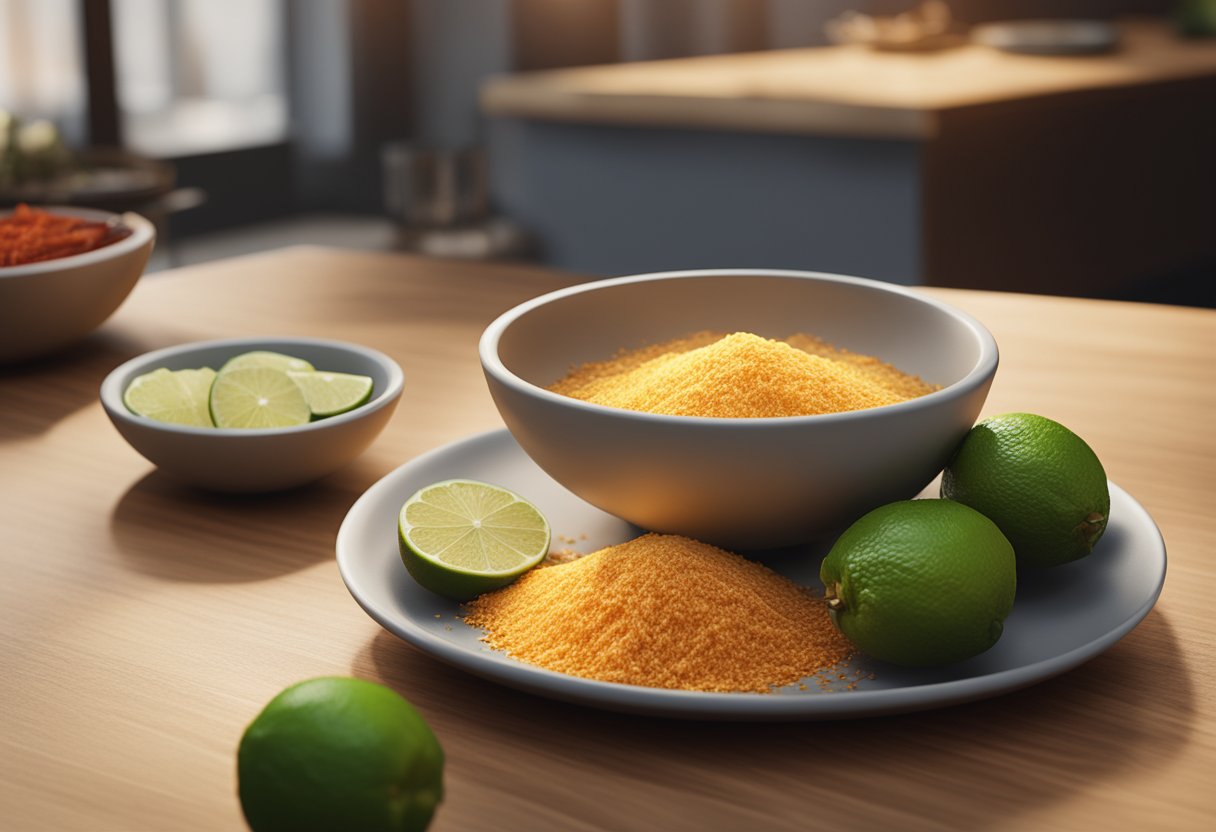 Jicama being sliced into thin strips, with a bowl of lime juice and chili powder nearby