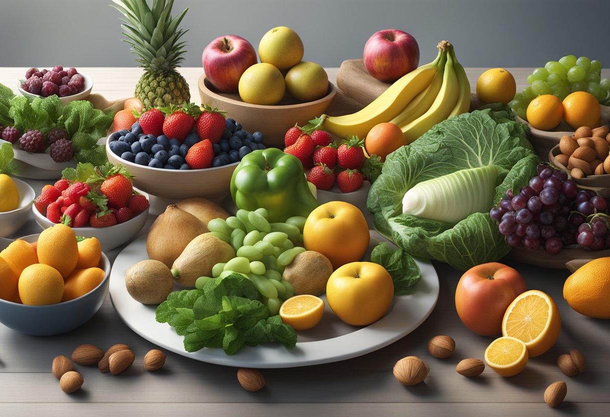 A colorful array of fruits, vegetables, nuts, and fish arranged on a table, with a prominent focus on leafy greens and berries, symbolizing the health benefits of the MIND diet