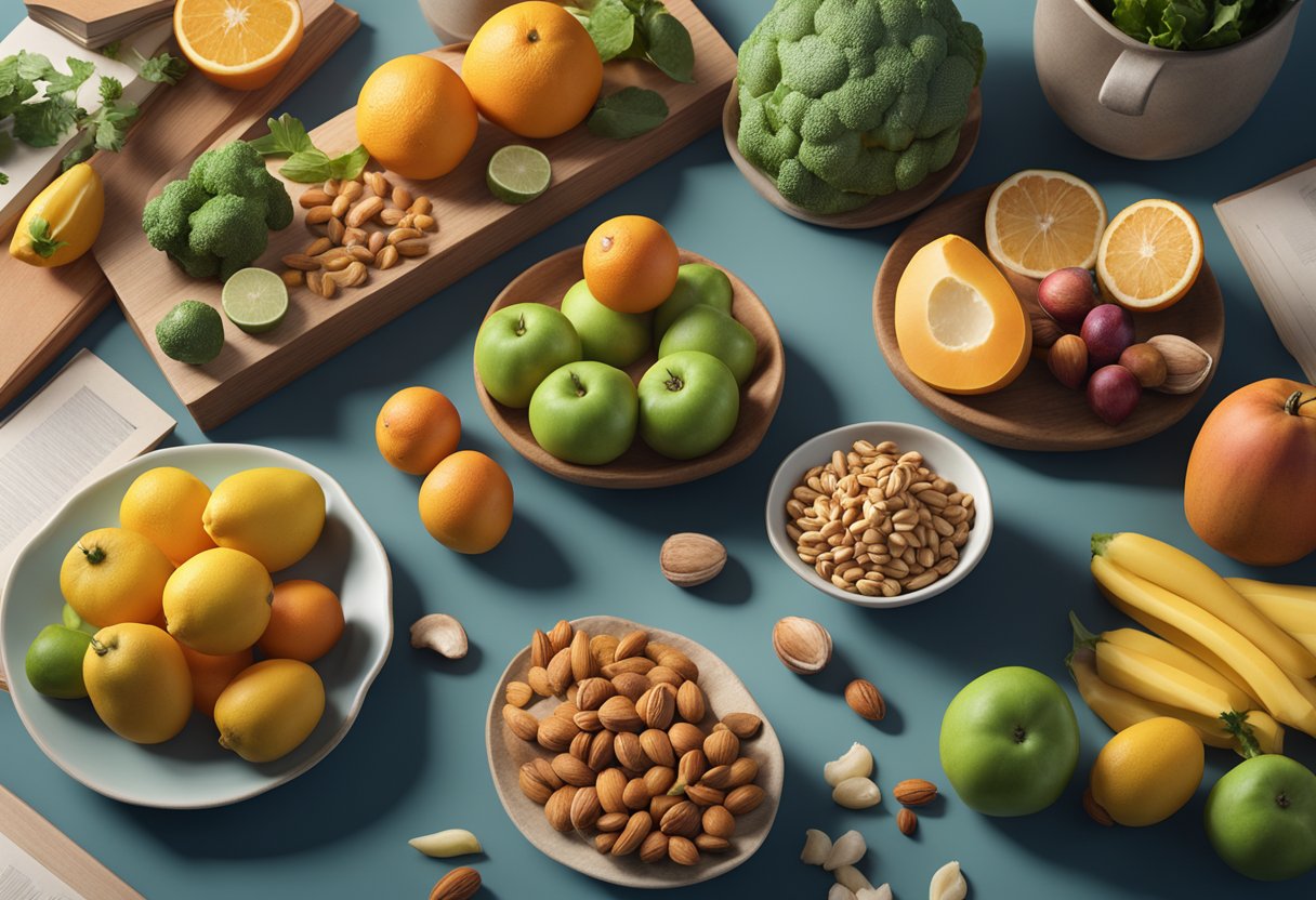 A table set with colorful fruits, vegetables, nuts, and fish, surrounded by books on nutrition and brain health